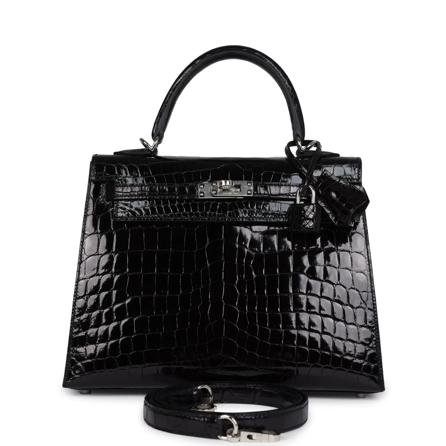 Replicate Hermes Kelly Sellier 25 Black Shiny Niloticus Crocodile Palladium Hardware(1:1 replica)