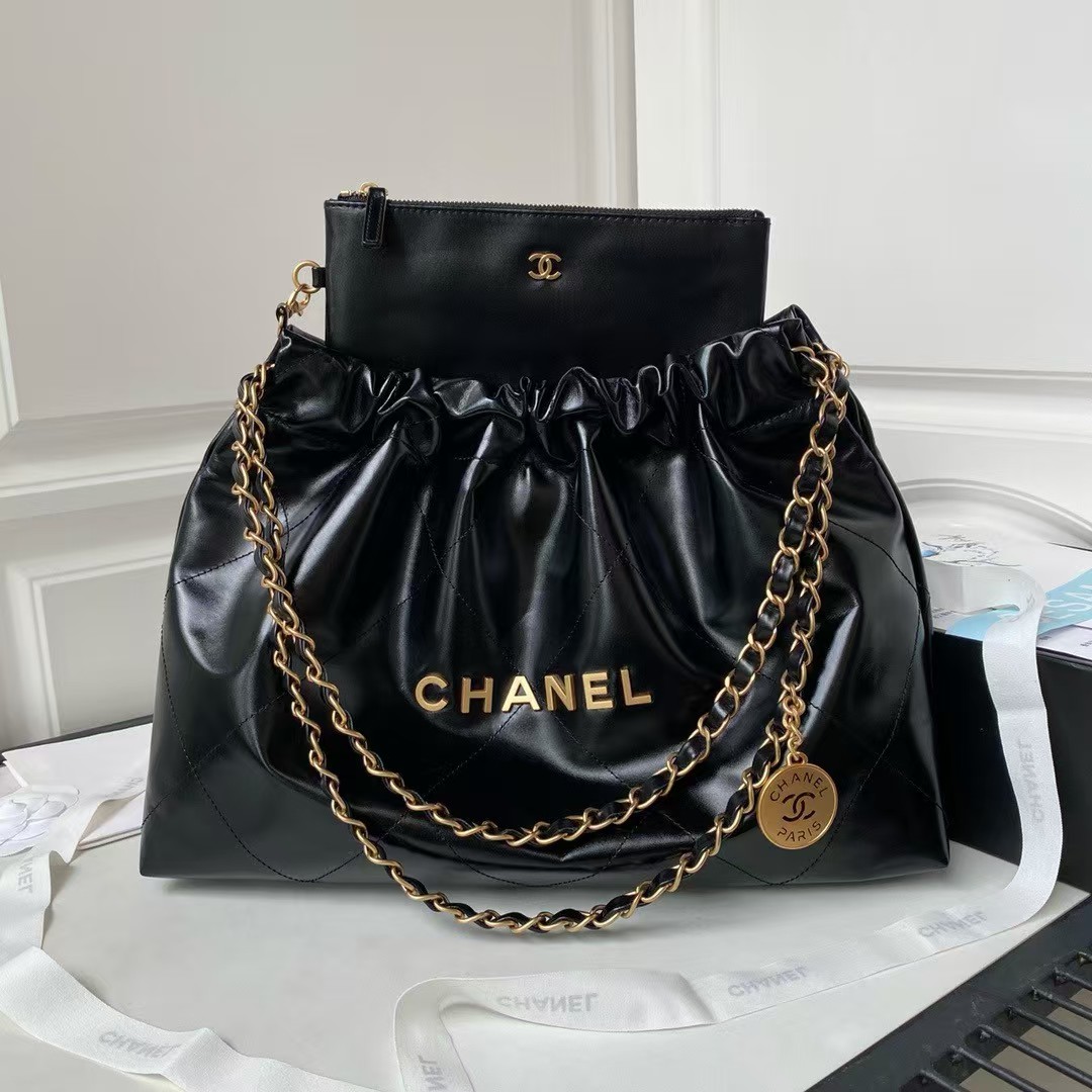 Replicate Chanel 22 Hobo Bag 24C AS4486 Gold Metallic Black Shiny Calfskin New Edition Horizontal(1:1 replica)