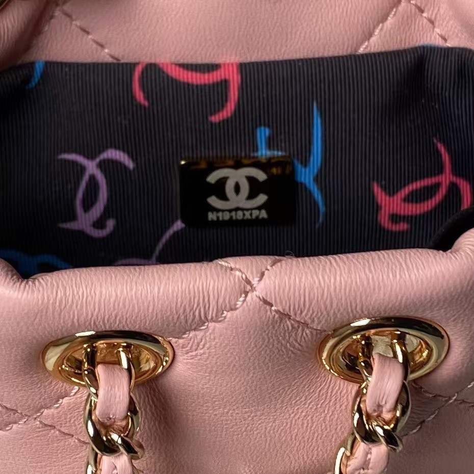 Replicate Chanel 24S AS4810 Medium CC Drawstring Backpack Shiny Lambskin Light Gold Hardware Pink(1:1 replica)