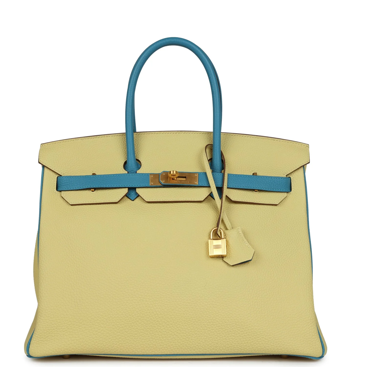 Replicate Hermes Special Order (HSS) Birkin 35 Jaune Poussin and Bleu Paradise Togo Brushed Gold Hardware(1:1 replica)
