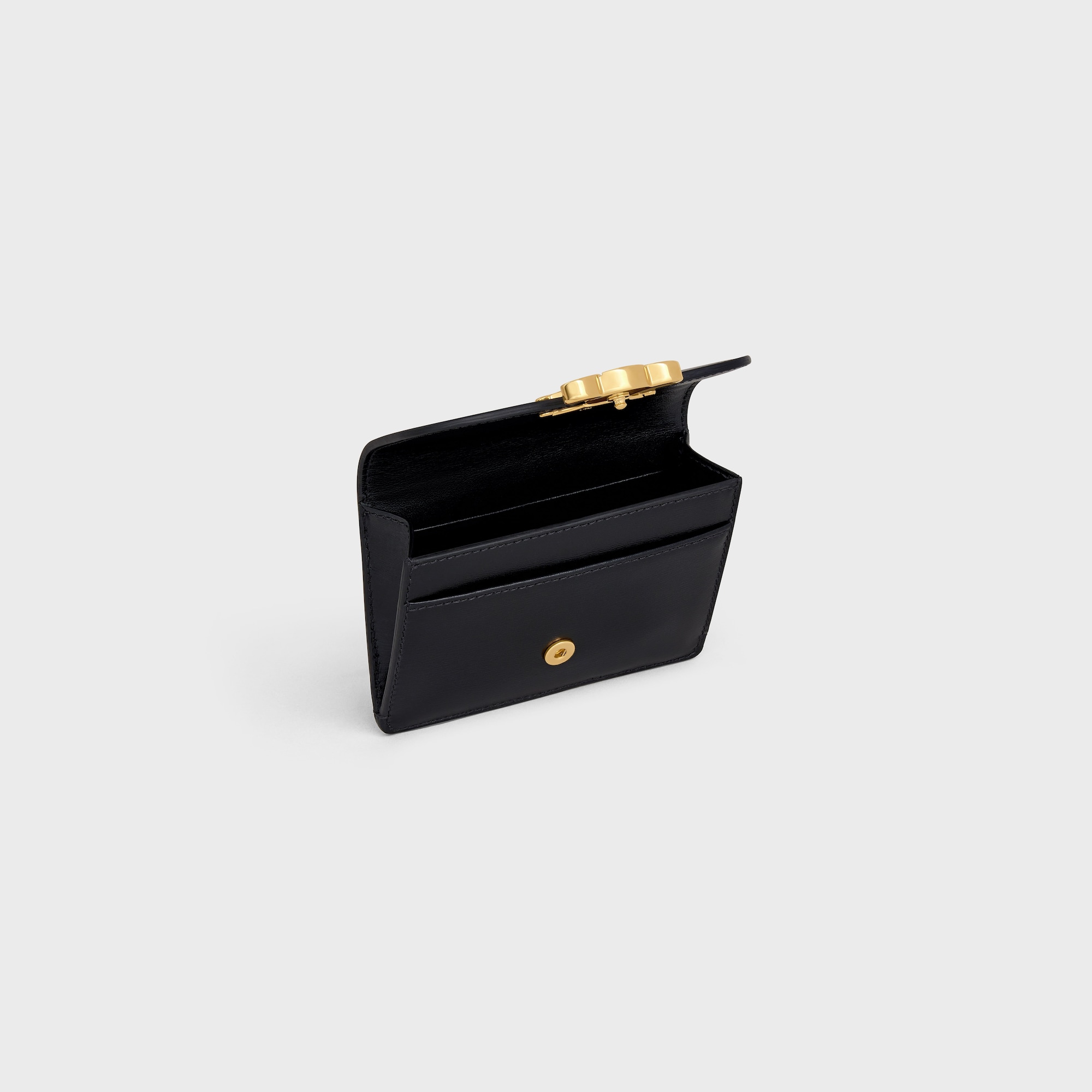 Replicate CARD HOLDER WITH FLAP TRIOMPHE IN SHINY CALFSKIN BLACK(1:1 replica)