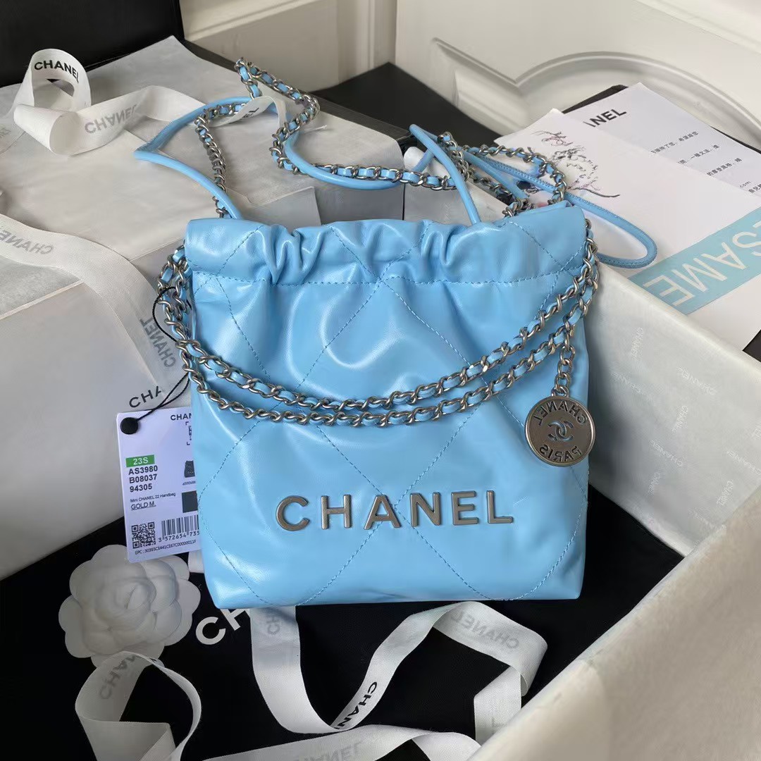 Replicate Chanel 22 AS3980 Mini Tote Shiny Calfskin   Silver-Tone Metal Sky Blue(1:1 replica)