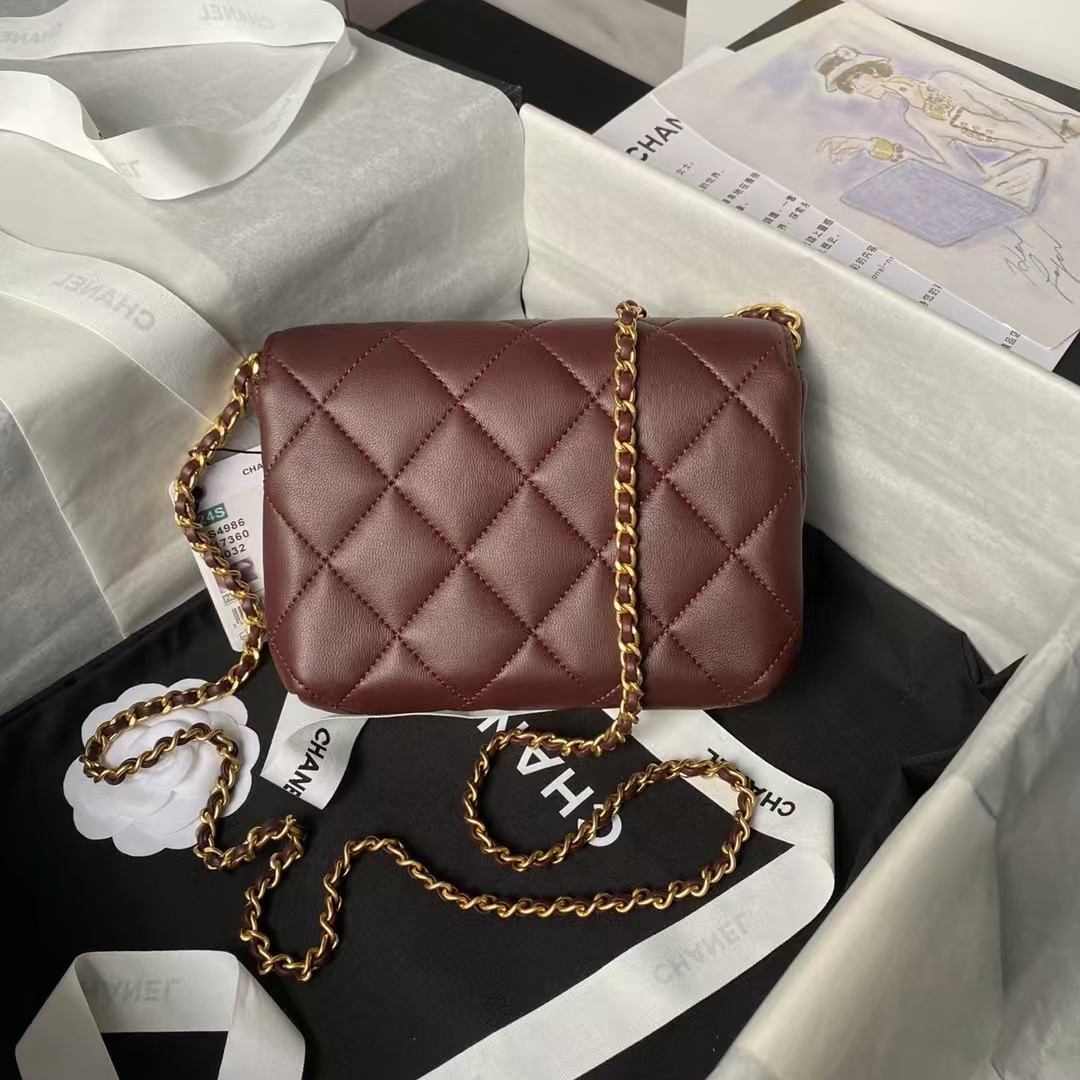 Replicate Chanel AS4986 Mini Flap bag Shiny Lambskin Imitation Pearls   Gold-Tone Metal Wine Red(1:1 replica)