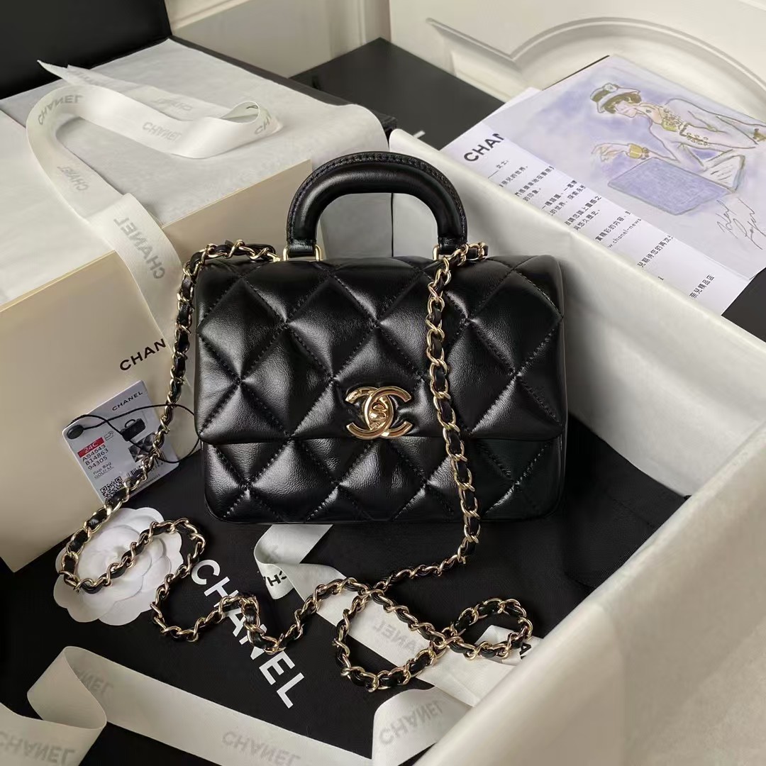Replicate Chanel 24C AS4543 Mini Flap Bag Chain Bag Top Handle Black Lambskin(1:1 replica)