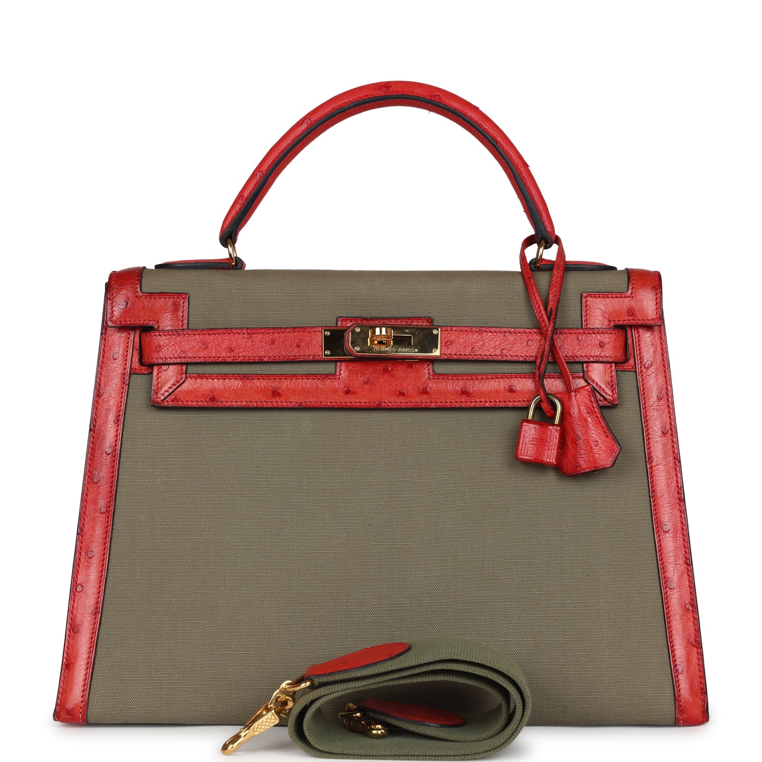 Replicate Vintage Hermes Kelly Sellier 32 Rouge Vif Ostrich and Vert Olive Officier Canvas Gold Hardware(1:1 replica)