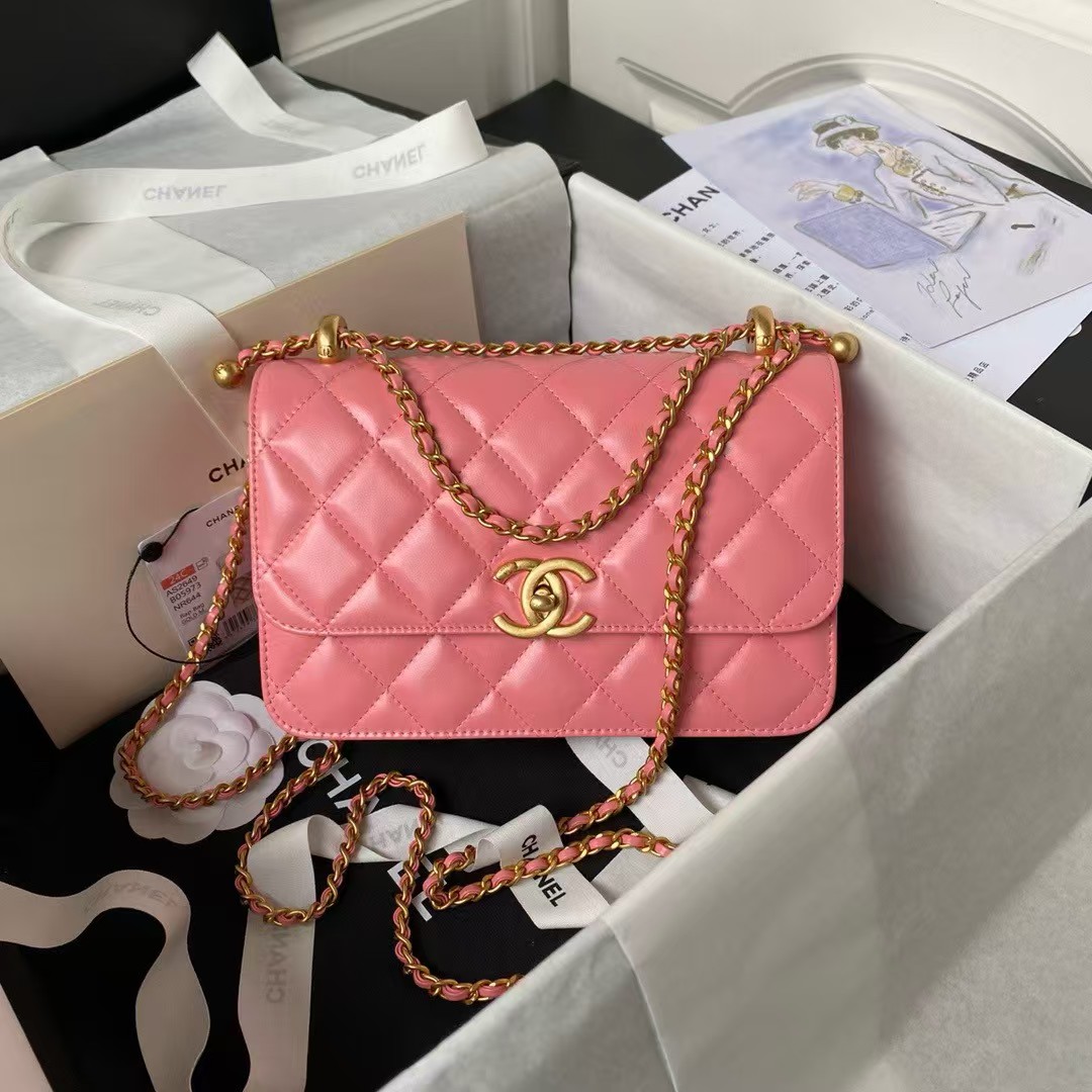 Replicate Chanel AS2649 Chain Bag Gold Charm Small Vintage Calfskin Bag Dark Pink(1:1 replica)