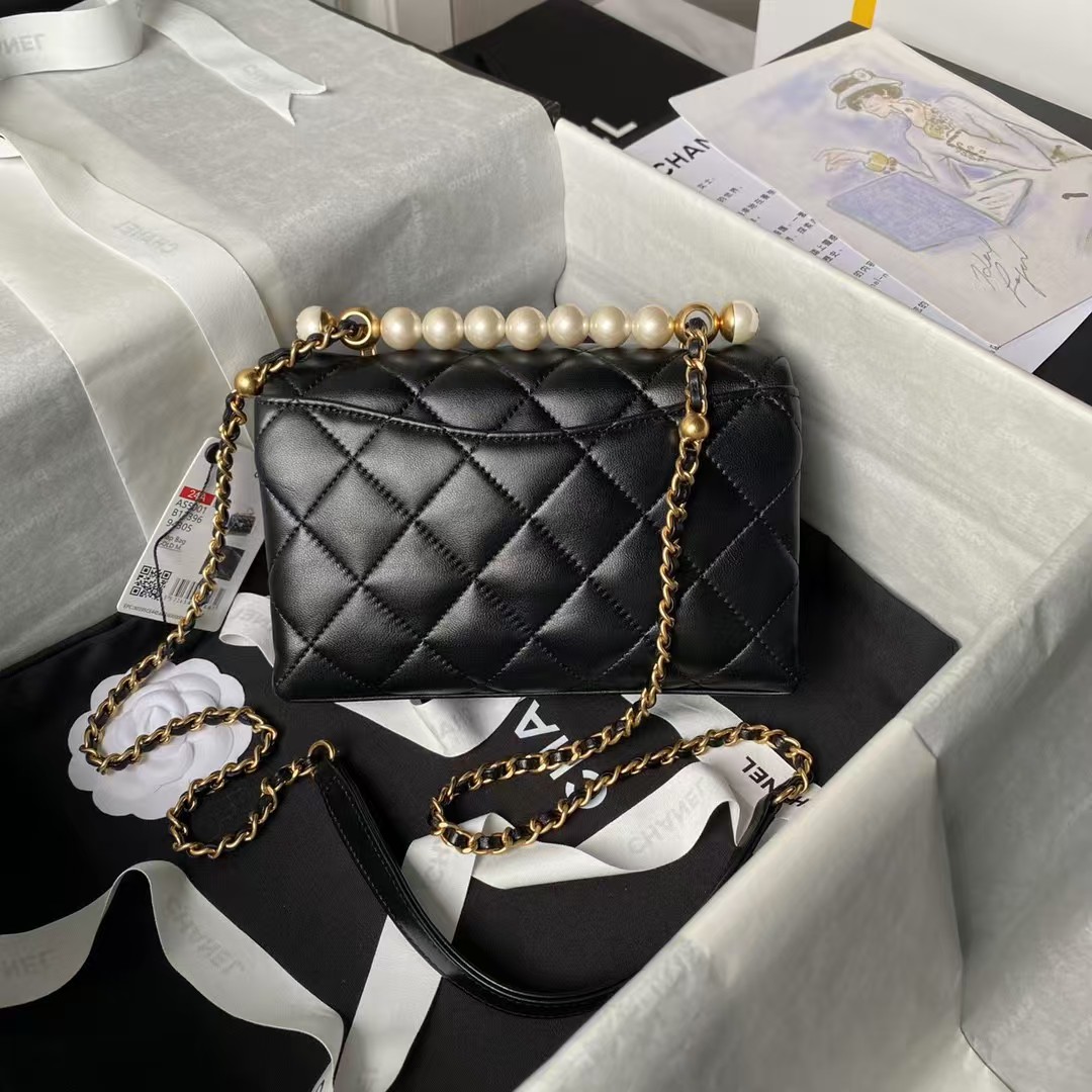 Replicate Chanel AS5001 Mini Flap Bag Top Handle Shiny Lambskin Imitation Pearl   Gold Metal Black(1:1 replica)