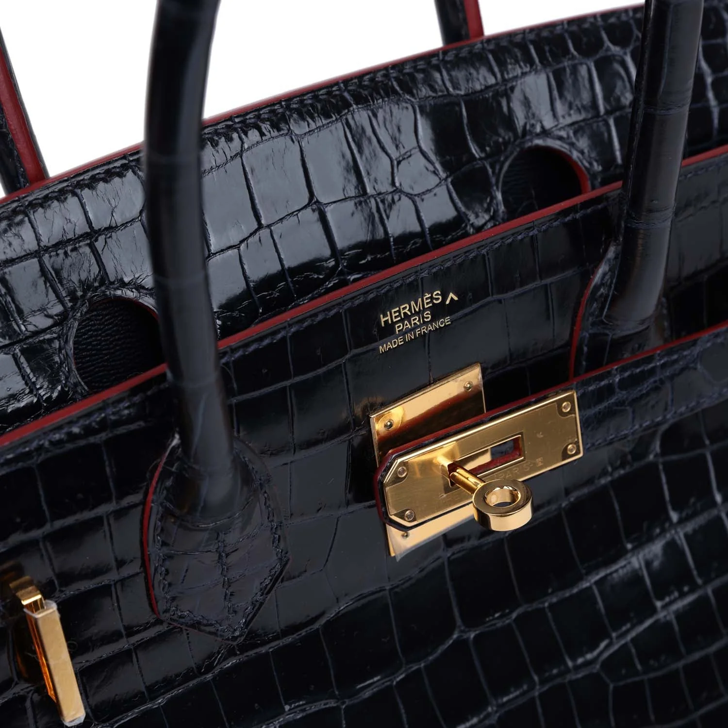 Replicate Hermes Birkin 30 Bleu Marine and Rouge H Contour Shiny Porosus Crocodile Gold Hardware(1:1 replica)