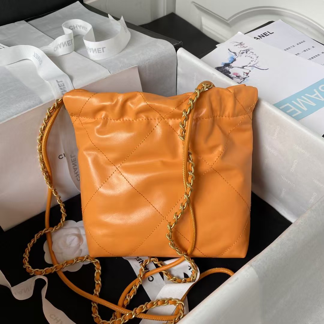 Replicate Chanel 22 AS3980 Mini Tote Shiny Calfskin   Gold-Tone Metal Orange(1:1 replica)