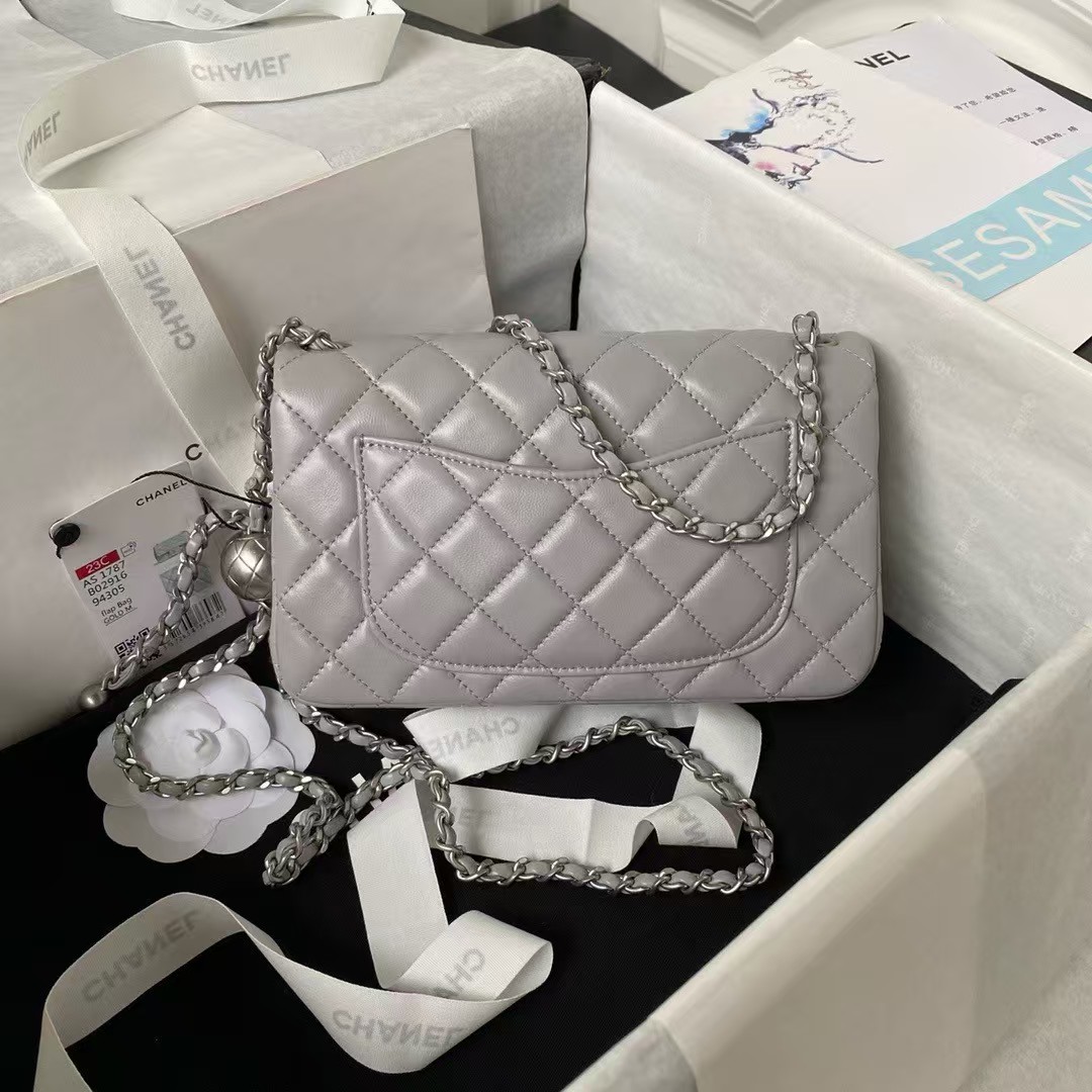 Replicate Chanel 23K AS1787 Mini Pearl Embossed Rectangular Flap Bag Lambskin Brushed Silver Metal Hardware Light Grey(1:1 replica)