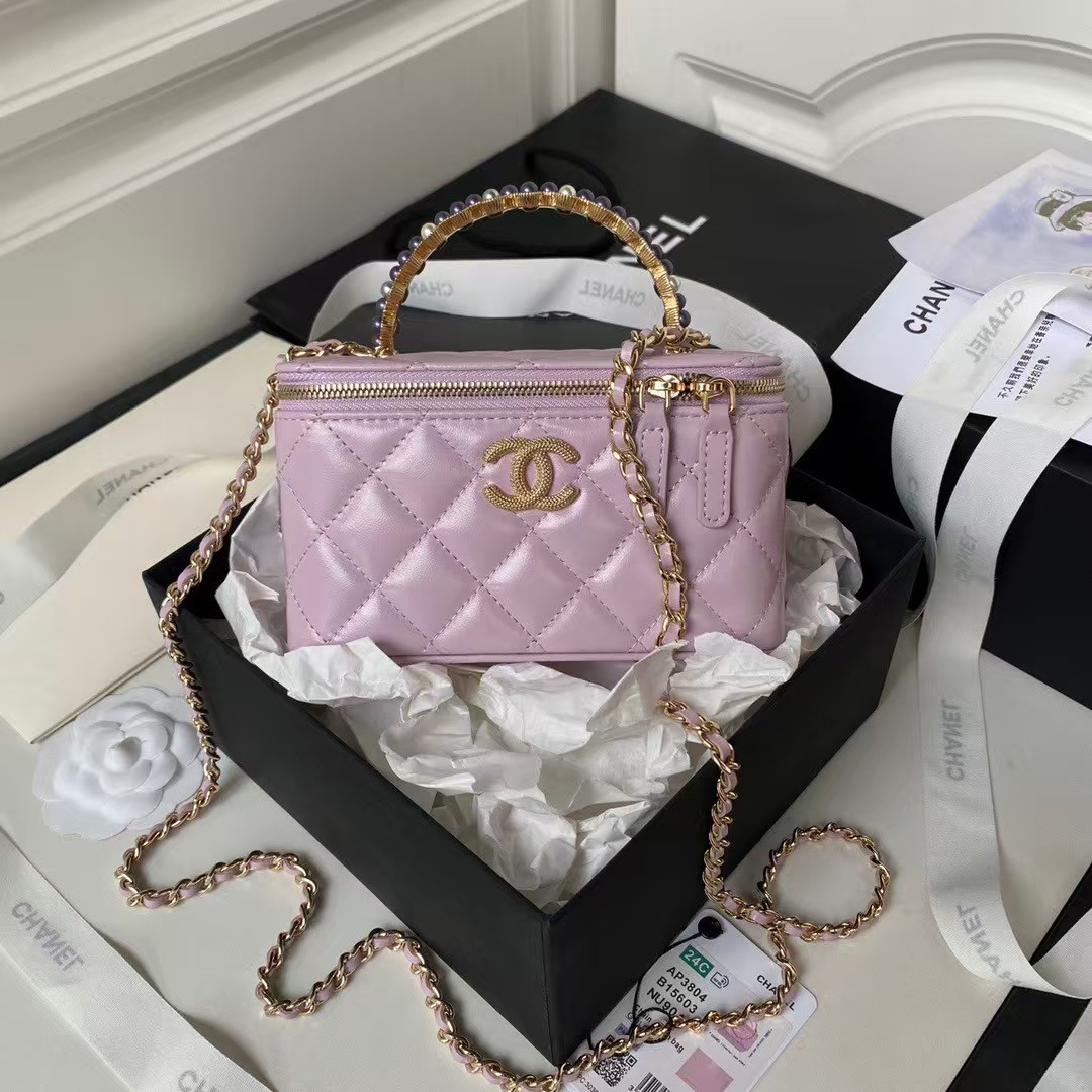 Replicate Chanel AP3804 Lambskin Cosmetic Bag With Pearl Handle Pink Purple(1:1 replica)
