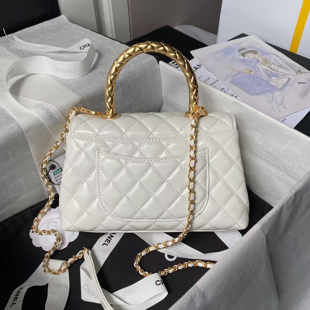 Replicate Chanel A92990 Small Flap Bag With Top Handle White Shiny Calfskin White(1:1 replica)