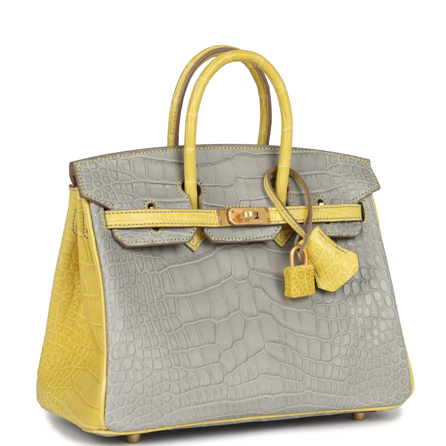 Replicate Hermes Special Order (HSS) Birkin 25 Gris Perle and Mimosa Matte Alligator Brushed Gold Hardware(1:1 replica)