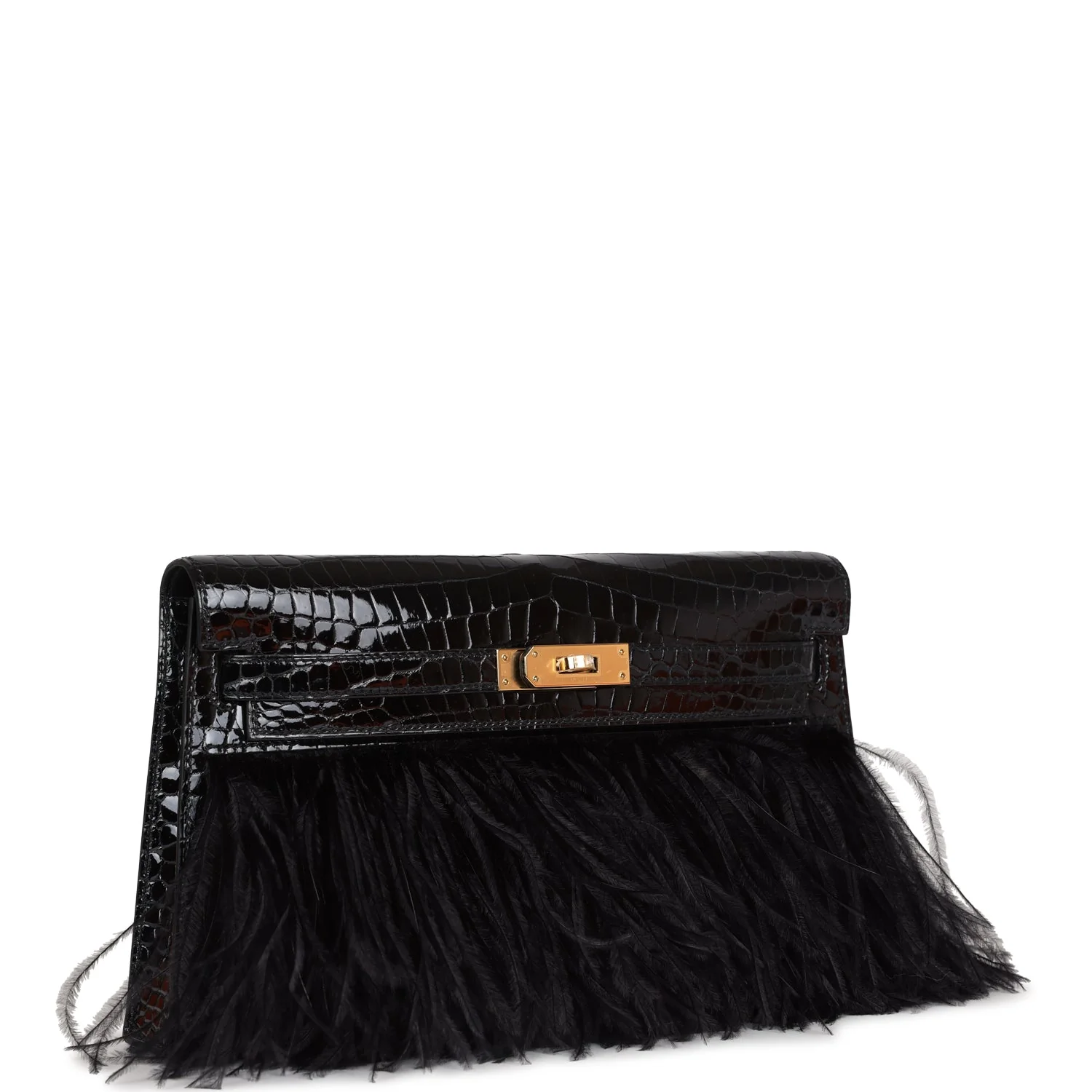 Replicate Hermes Kelly Elan Foile Black Shiny Porosus Crocodile and Ostrich Feather Gold Hardware(1:1 replica)
