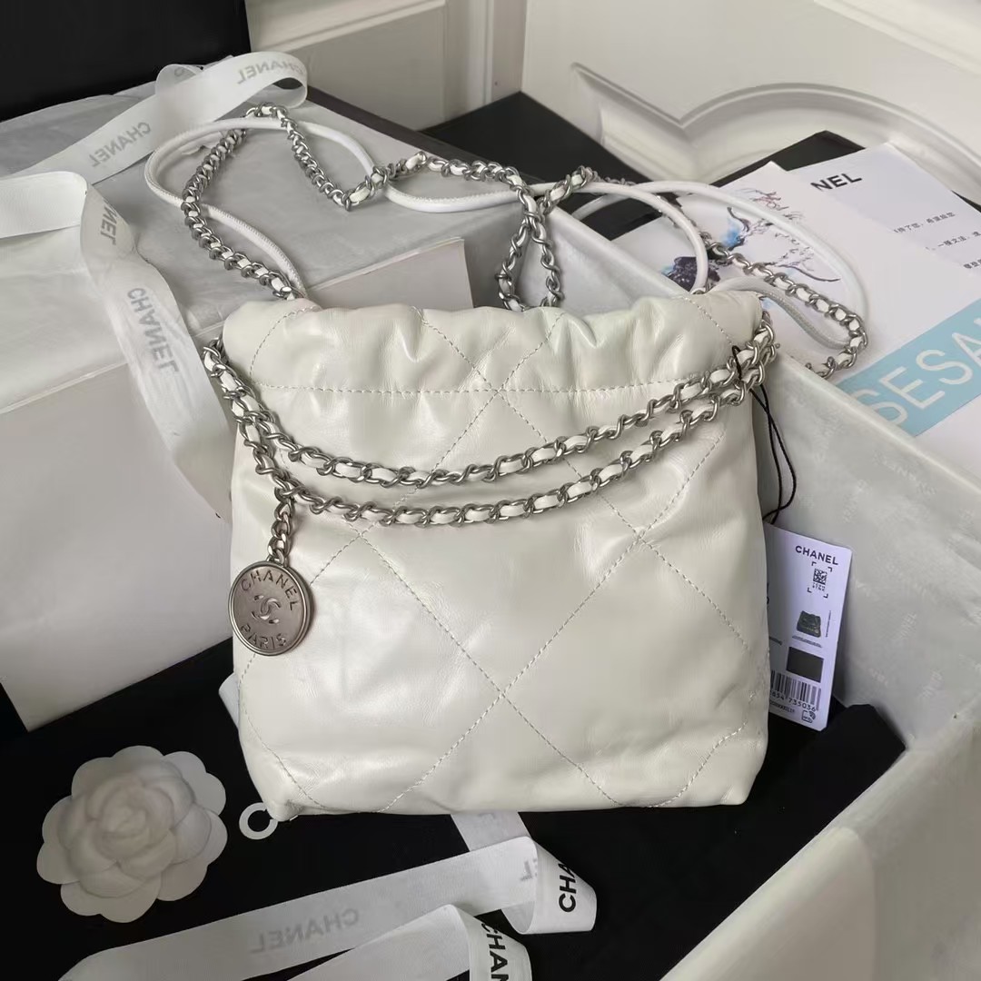 Replicate Chanel 22 AS3980 Mini Tote Shiny Calfskin   Silver-Tone Metal White(1:1 replica)