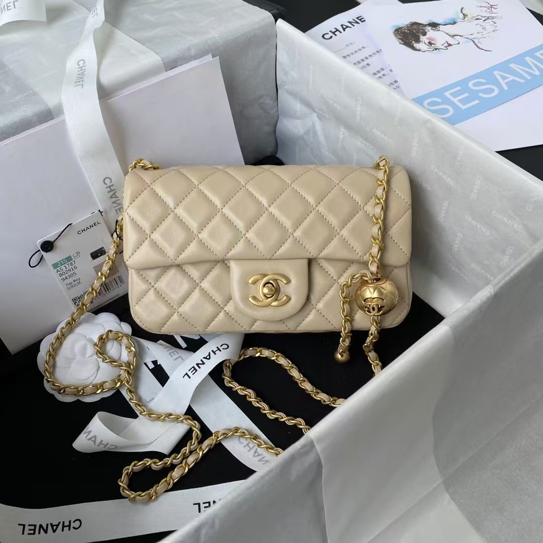 Replicate Chanel 23K AS1787 Mini Pearl Embossed Rectangular Flap Bag Lambskin Brushed Metal Hardware Apricot(1:1 replica)