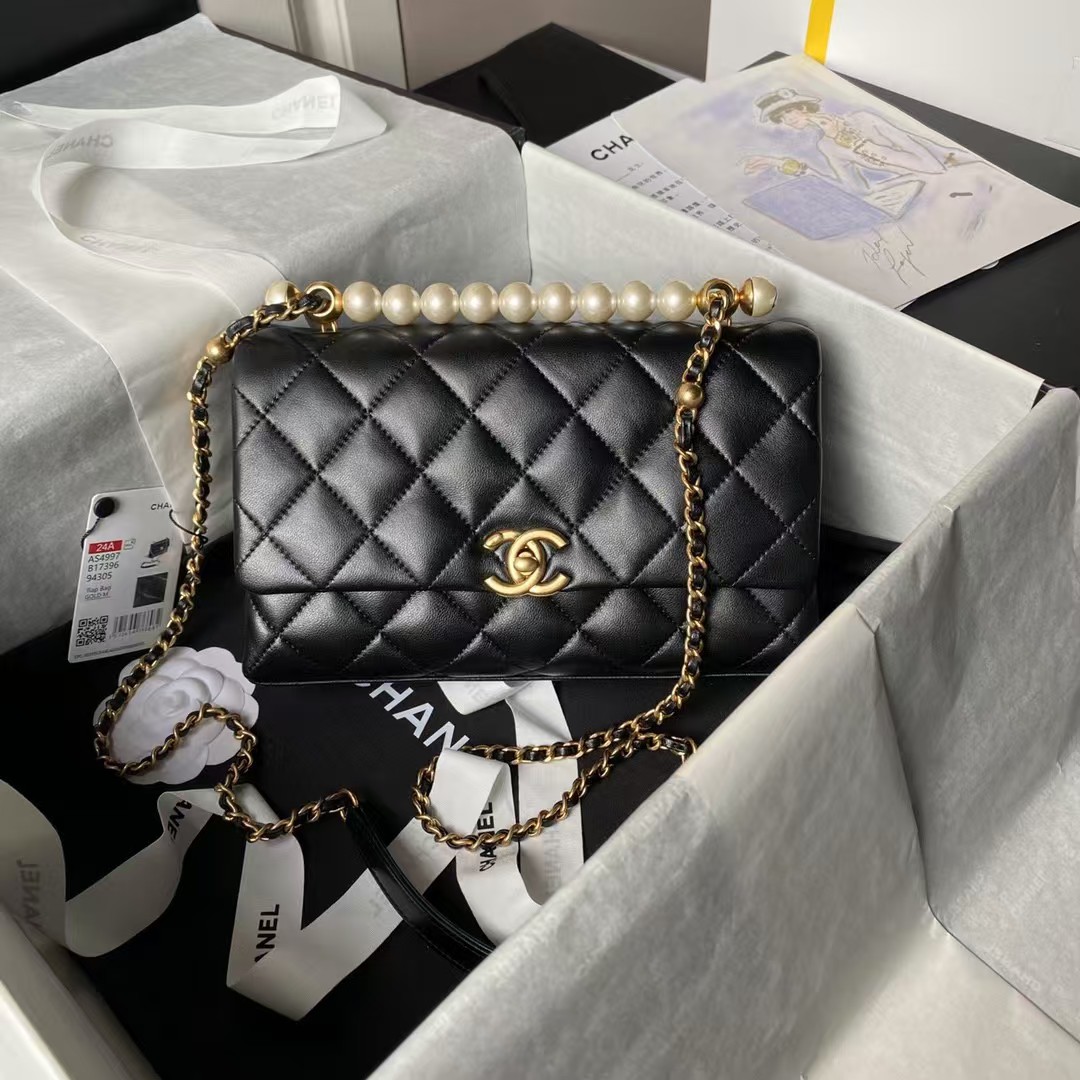 Replicate Chanel AS4997 Flap Bag with top Handle Shiny Lambskin Imitation Pearls   Gold-Tone Metal Black(1:1 replica)