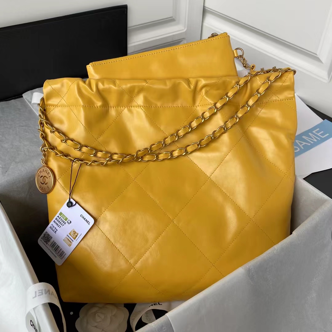 Replicate Chanel 22 AS3260 Small Bag Yellow Calfskin Gold Hardware(1:1 replica)