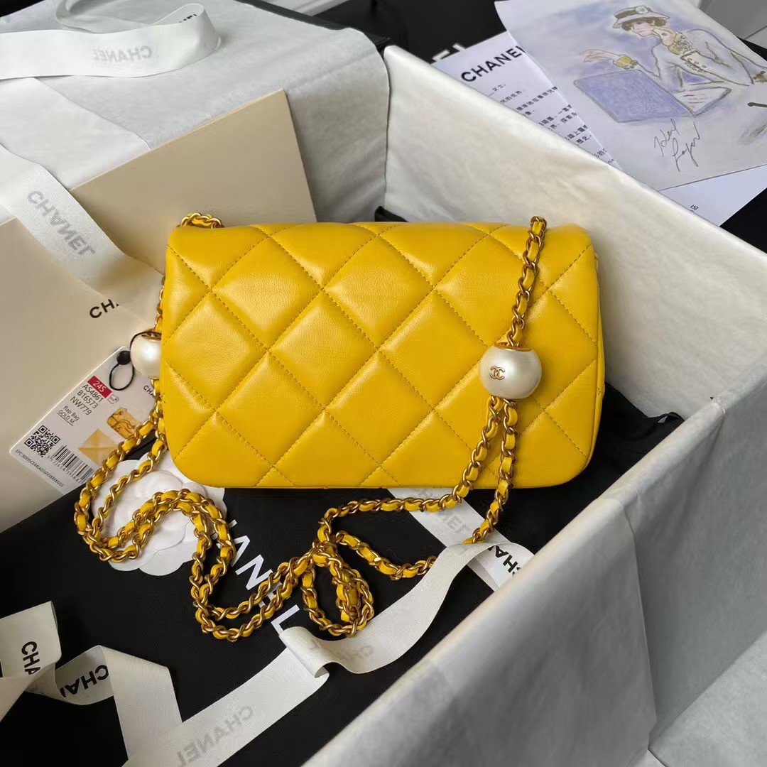 Replicate Chanel AS4861 Small Flap Bag Pearl Lambskin Faux Pearl   Gold Metal Yellow(1:1 replica)