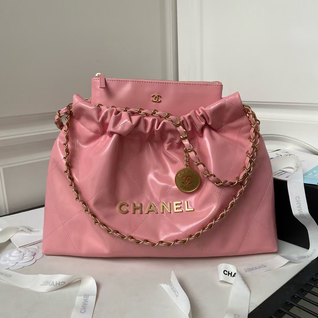 Replicate Chanel 22 Hobo Bag 24C AS4486 Gold Metallic Dark Pink Shiny Calfskin New Edition Horizontal(1:1 replica)