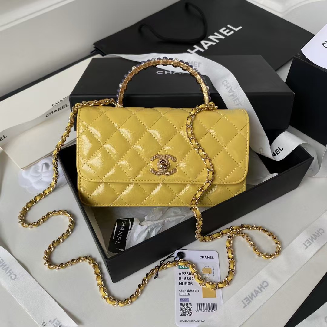 Replicate Chanel 24P AP3803 Shiny Crinkled Lambskin Chain Clutch Pearl Handle Yellow(1:1 replica)