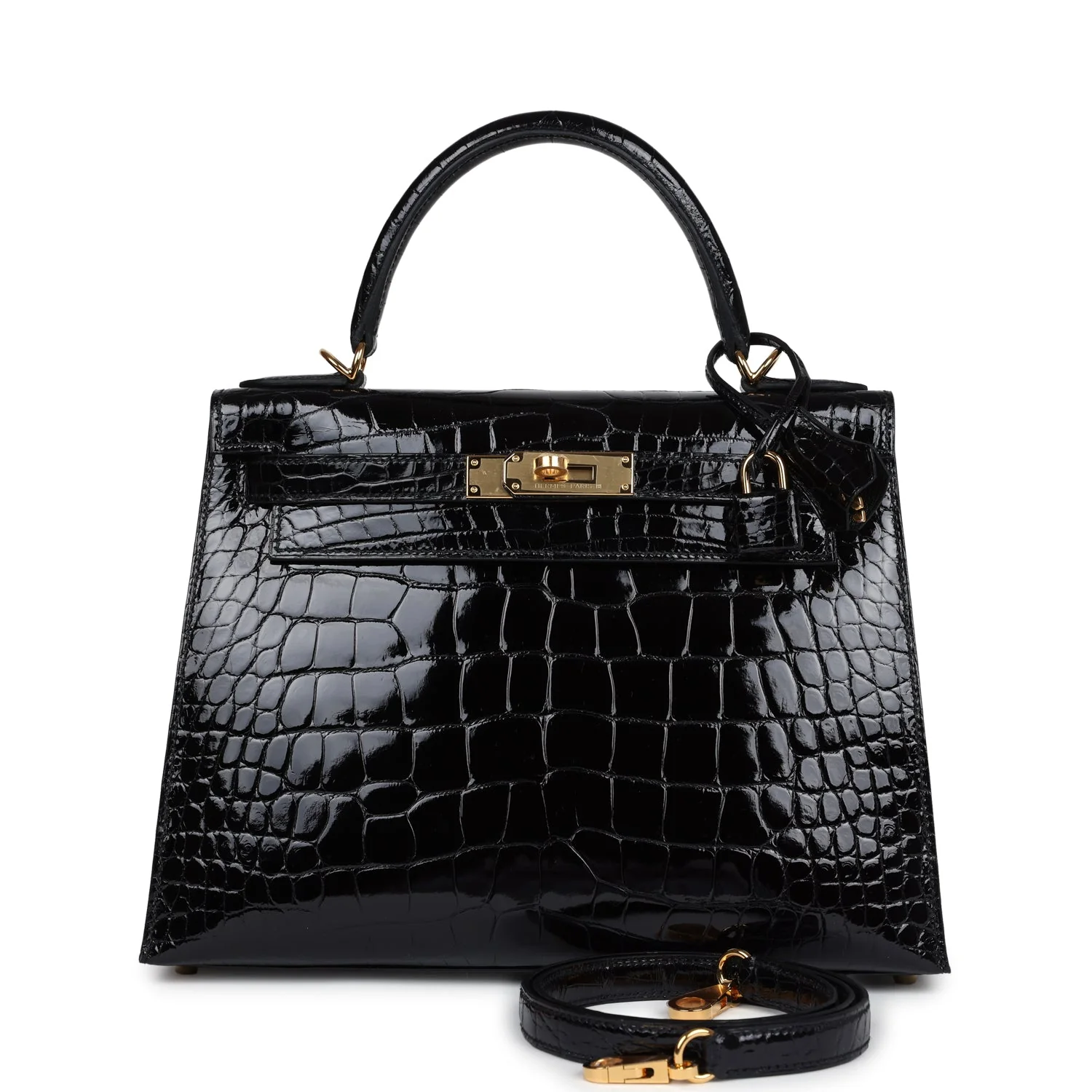 Replicate Hermes Kelly Sellier 28 Black Shiny Alligator Gold Hardware(1:1 replica)