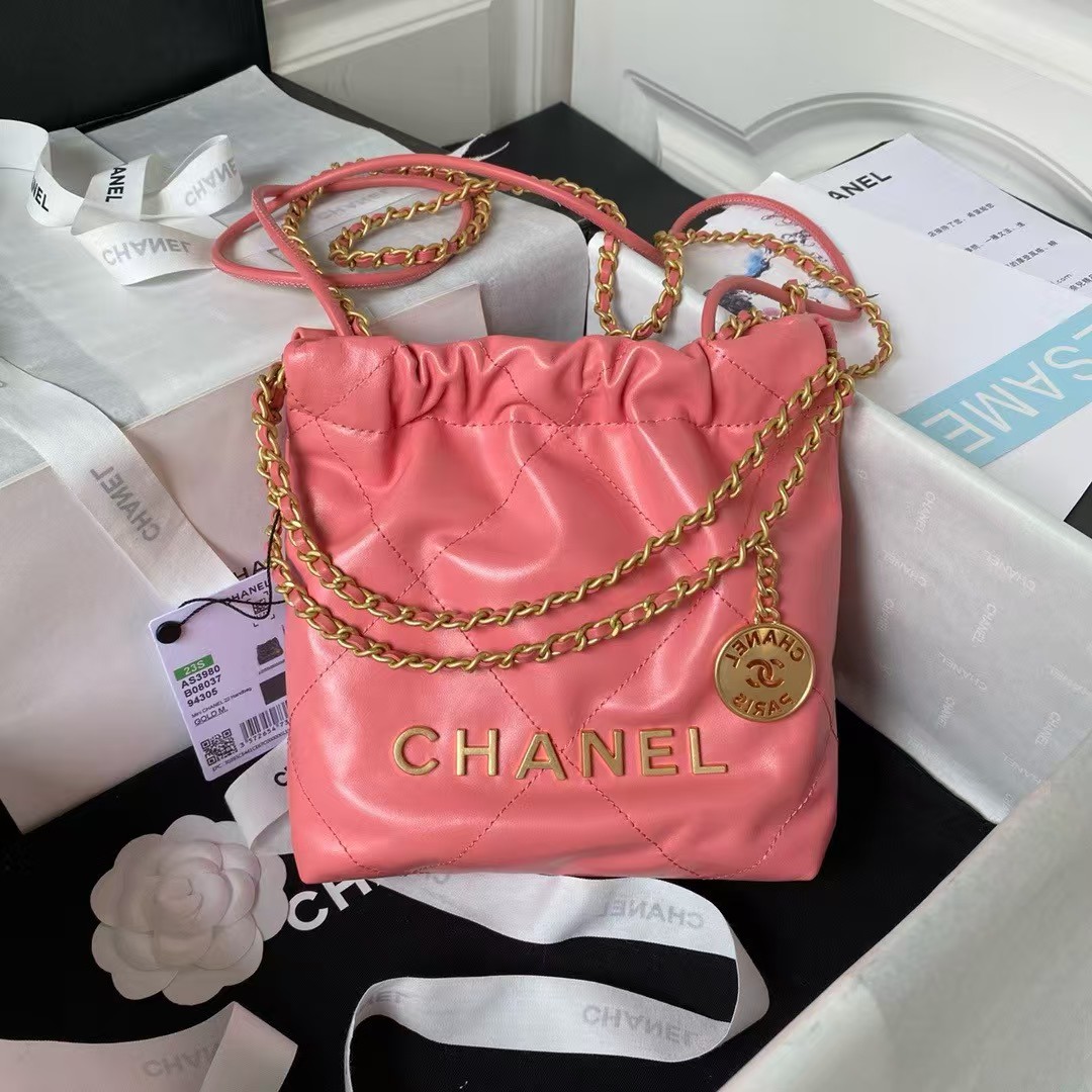 Replicate Chanel 22 AS3980 Mini Tote Shiny Calfskin   Gold-Tone Metal Dark Pink(1:1 replica)