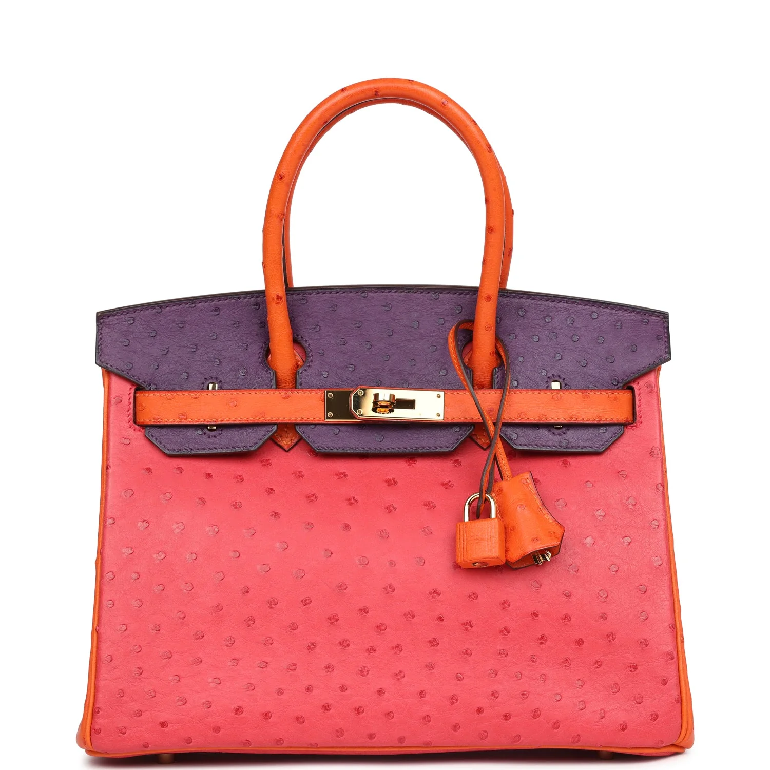 Replicate Hermes Special Order (HSS) Birkin 30 Tangerine, Violet and Bougainvillea Ostrich Gold Hardware(1:1 replica)