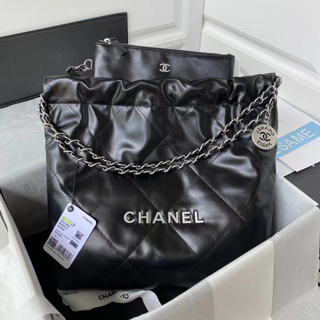 Replicate Chanel 22 AS3260 Small Bag Black Calfskin Silver Hardware(1:1 replica)