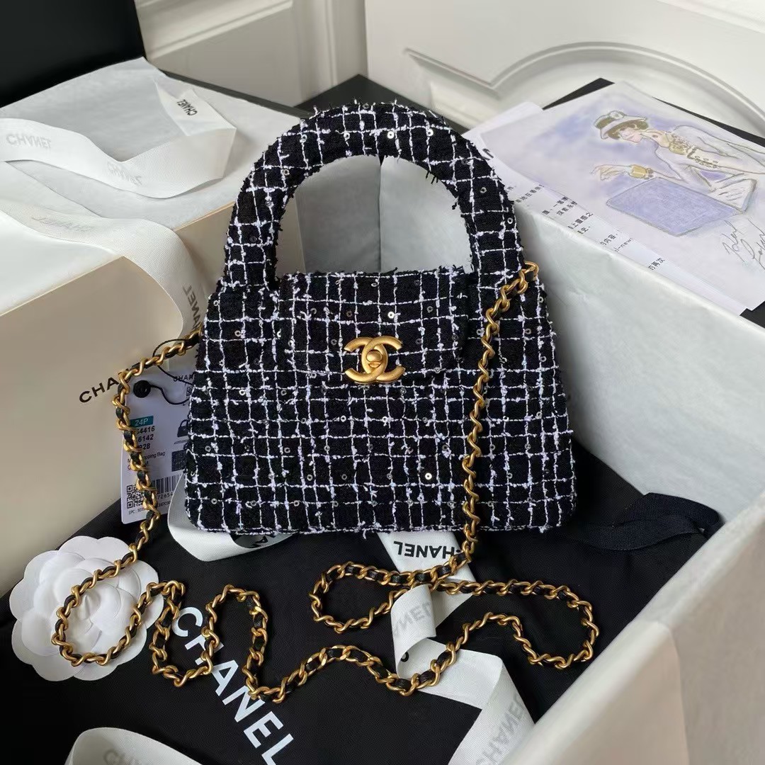 Replicate Chanel AS4416 Mini Shopping Bag Tweed and Black Calfskin Gold-Tone Metal Black and White(1:1 replica)
