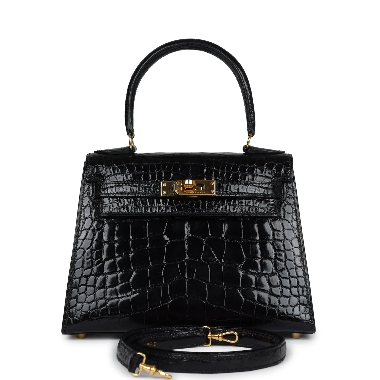 Replicate Vintage Hermes Kelly Sellier 20 Black Shiny Alligator Gold Hardware(1:1 replica)