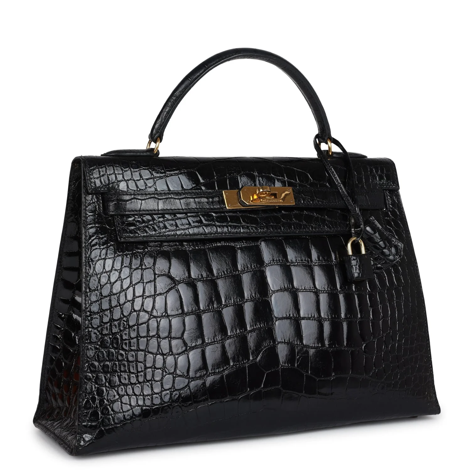 Replicate Vintage Hermes Kelly Sellier 32 Black Shiny Alligator Gold Hardware(1:1 replica)