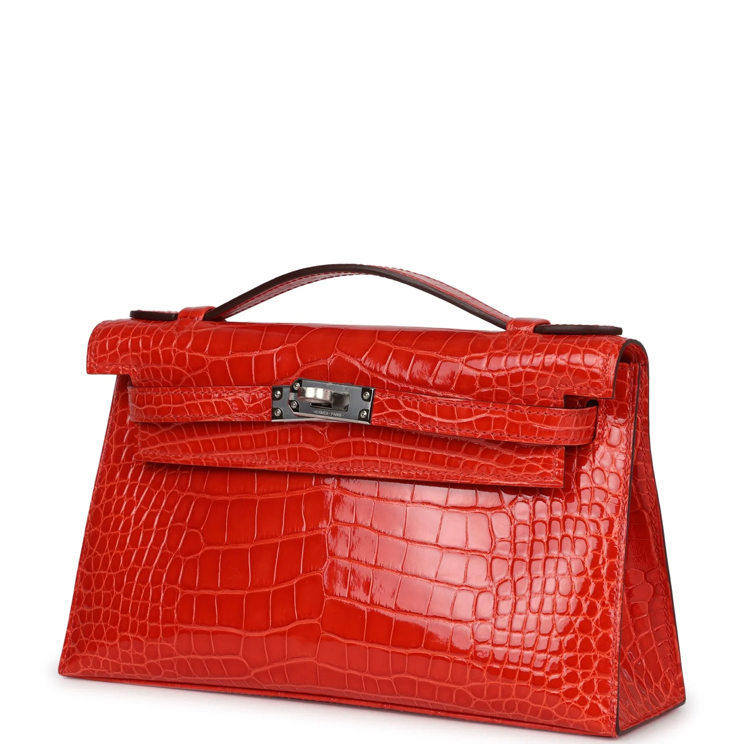 Replicate Hermes Kelly Pochette Orange Poppy Shiny Alligator Palladium Hardware(1:1 replica)