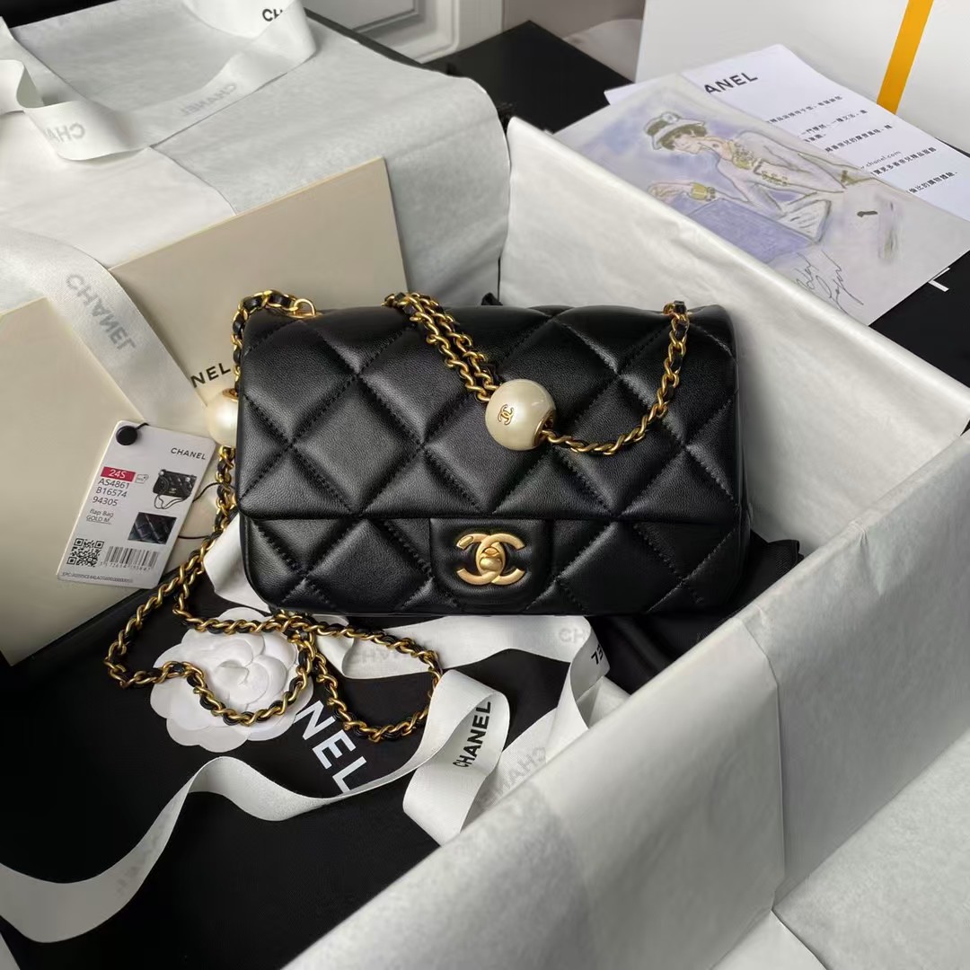 Replicate Chanel AS4861 Small Flap Bag Pearl Lambskin Faux Pearl   Gold Metal Black(1:1 replica)