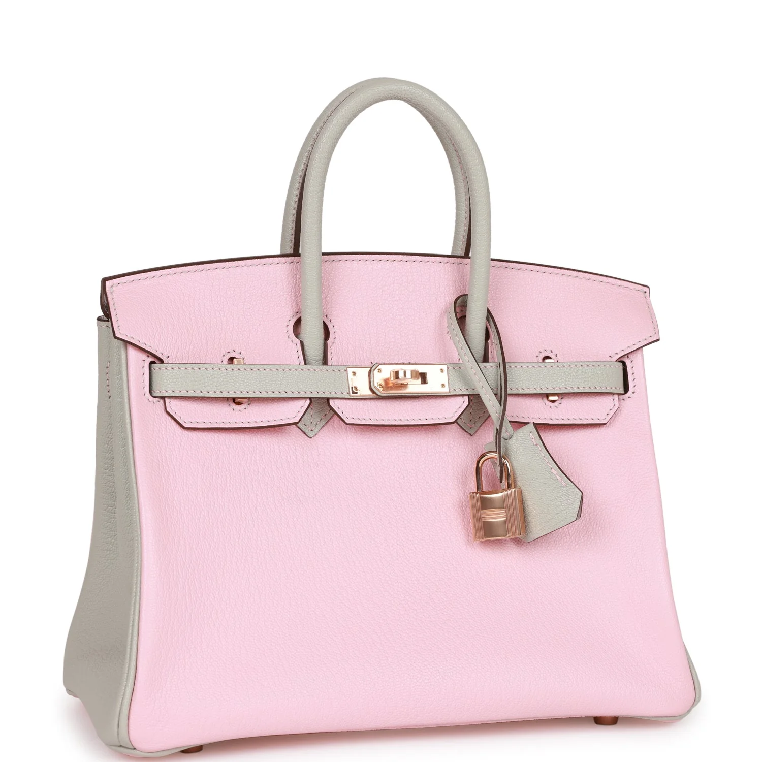 Replicate Hermes Special Order (HSS) Birkin 25 Rose Sakura and Gris Perle Chevre Mysore Rose Gold Hardware(1:1 replica)