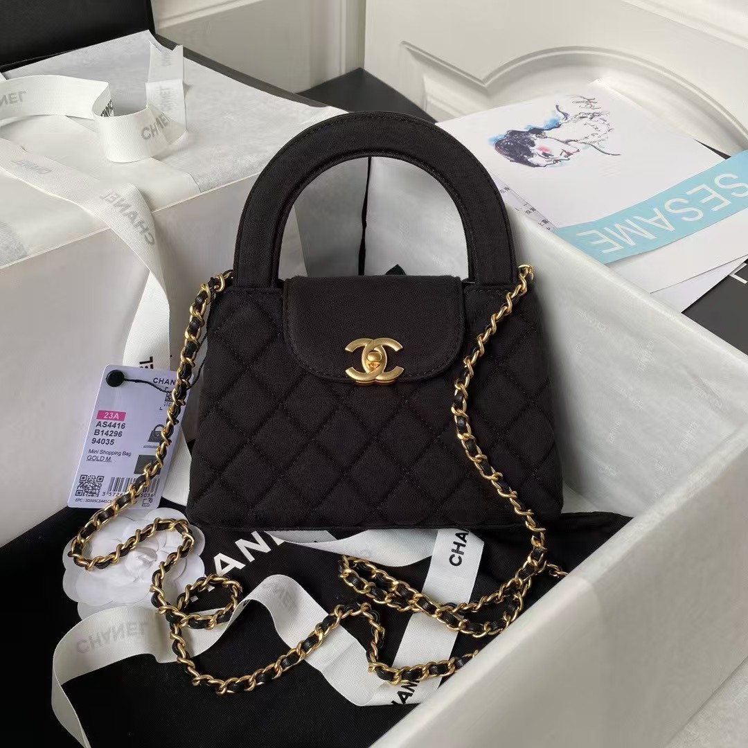 Replicate Chanel AS4416 Mini Shopping Bag Velvet and Black Calfskin Gold-Tone Metal Black(1:1 replica)