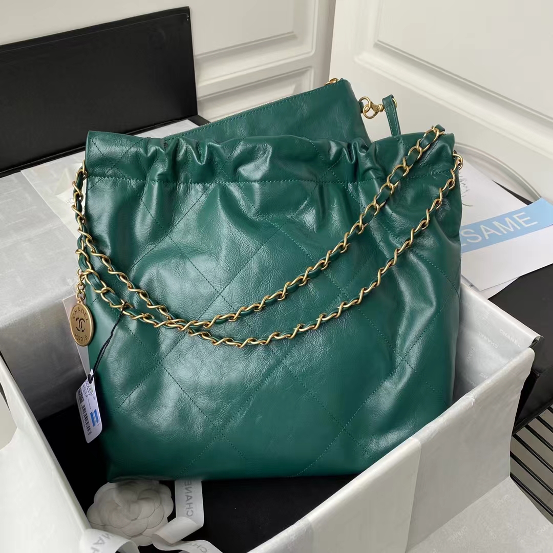 Replicate Chanel 22 AS3260 Small Bag Dark Green Calfskin Gold Hardware(1:1 replica)