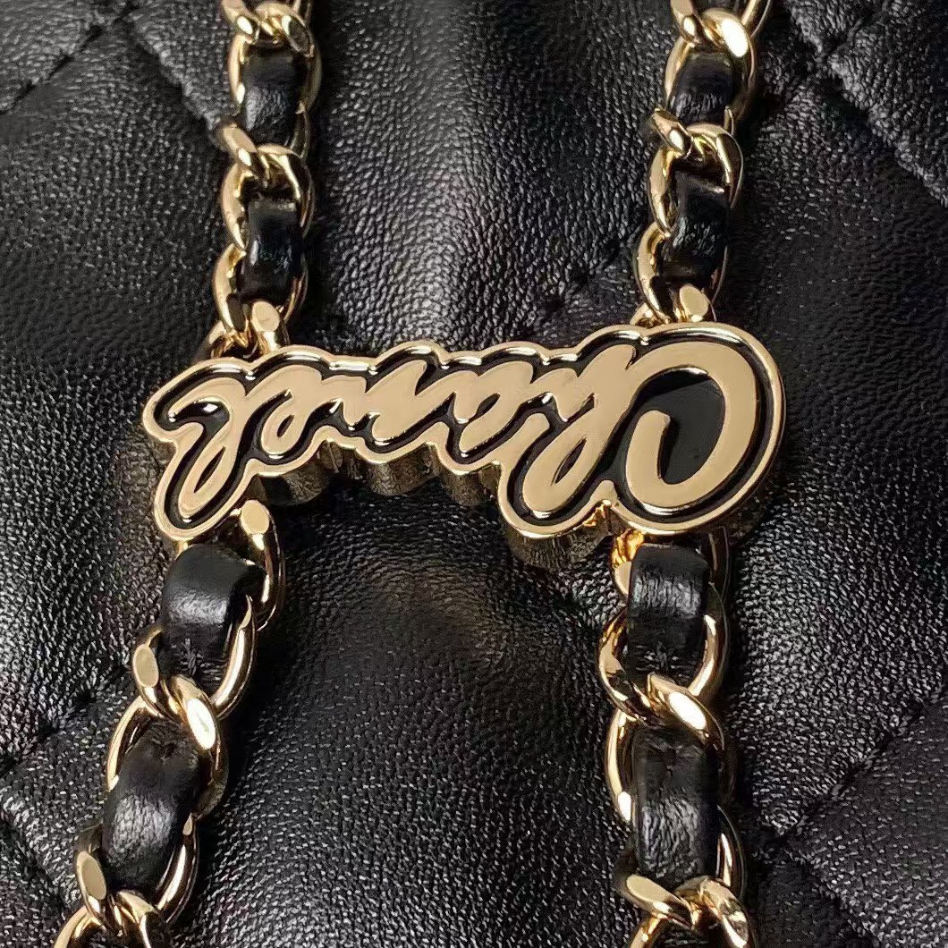 Replicate Chanel 24S AS4810 Medium CC Drawstring Backpack Shiny Lambskin Light Gold Hardware Black(1:1 replica)