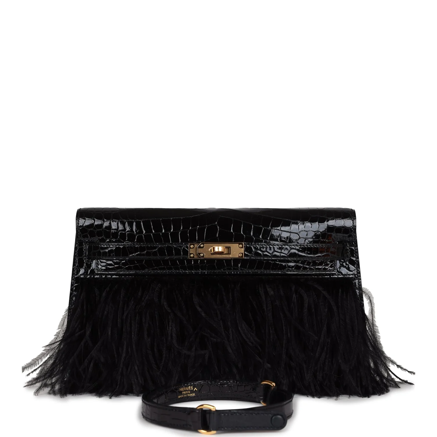 Replicate Hermes Kelly Elan Foile Black Shiny Porosus Crocodile and Ostrich Feather Gold Hardware(1:1 replica)
