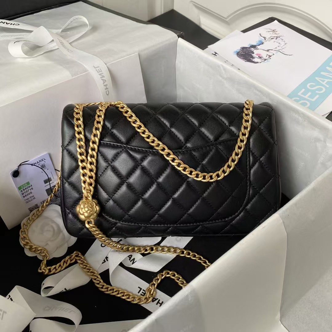 Replicate Chanel 23S AS4064 Camellia Embossed Chain Lambskin Flap Bag Black(1:1 replica)