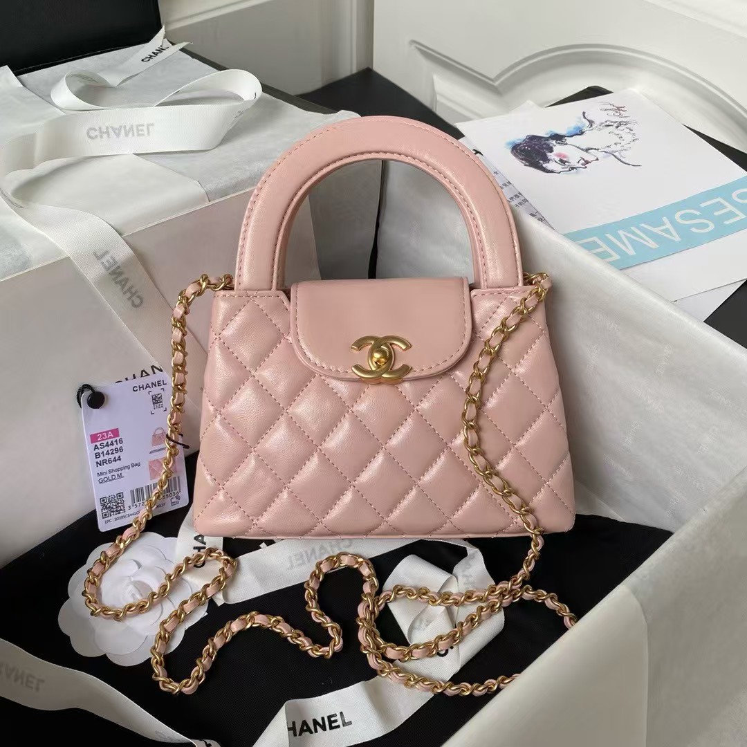 Replicate Chanel AS4416 Mini Shopping Bag Shiny Aged Calfskin Gold Tone Metal Light Pink(1:1 replica)
