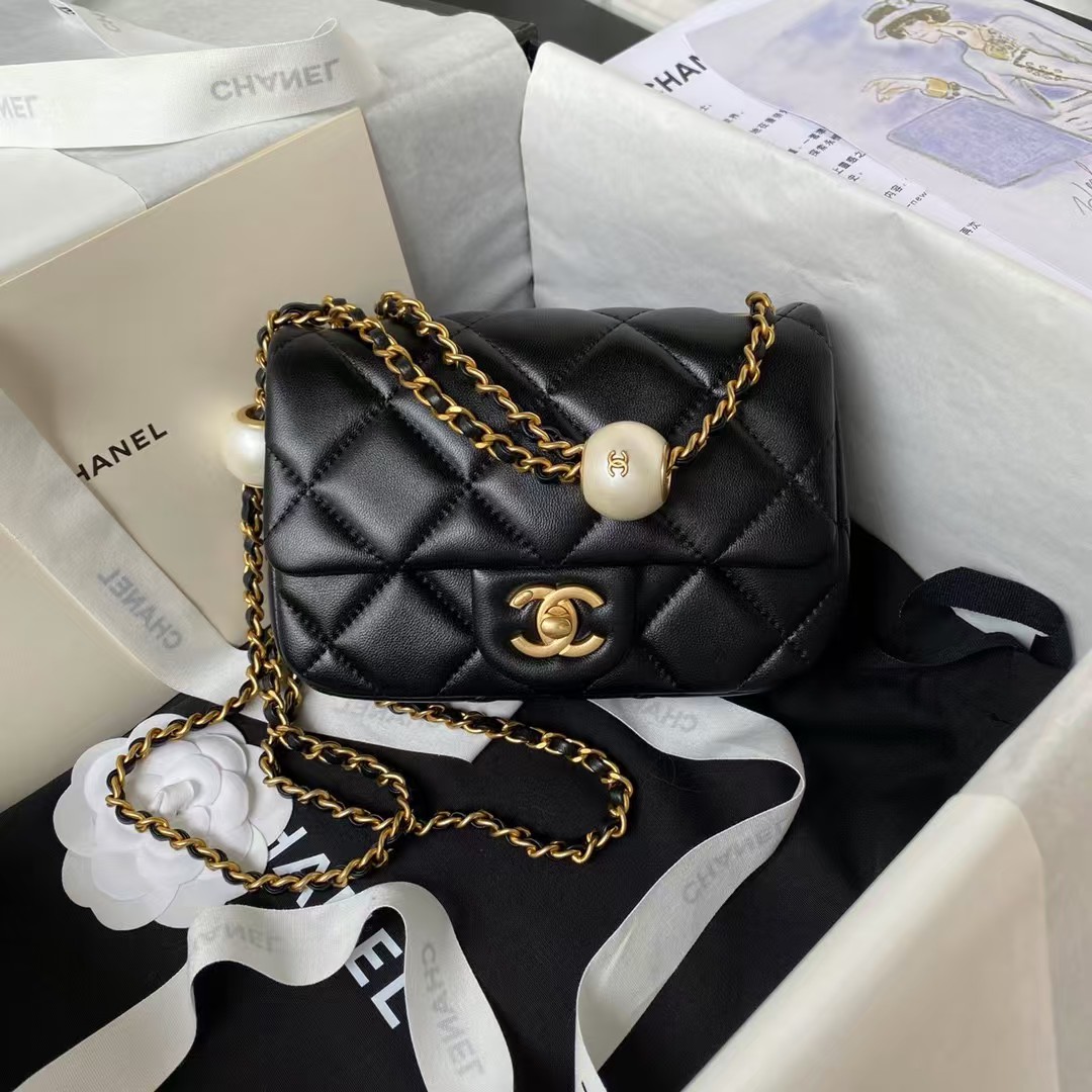 Replicate Chanel AS4868 Mini Flap Bag Pearl Lambskin Faux Pearl   Gold Metal Black(1:1 replica)