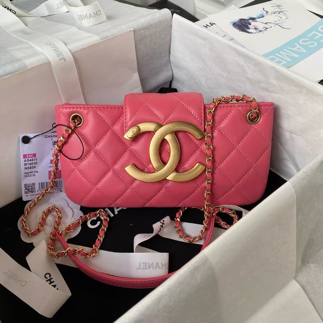 Replicate Chanel 24C AS4611 Vintage Logo Lambskin Rectangular Shoulder Bag Fuchsia(1:1 replica)