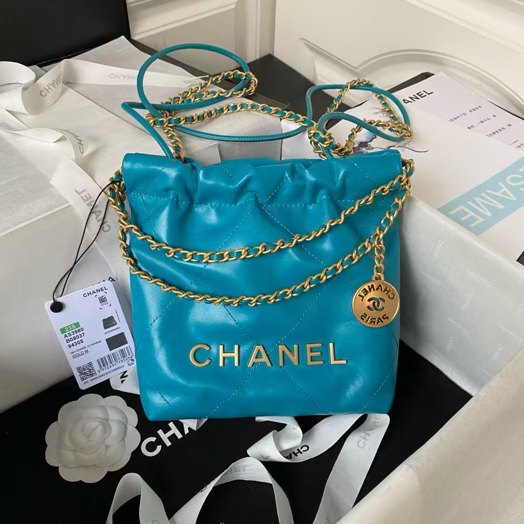 Replicate Chanel 22 AS3980 Mini Tote Shiny Calfskin   Gold-Tone Metal Lake Blue(1:1 replica)