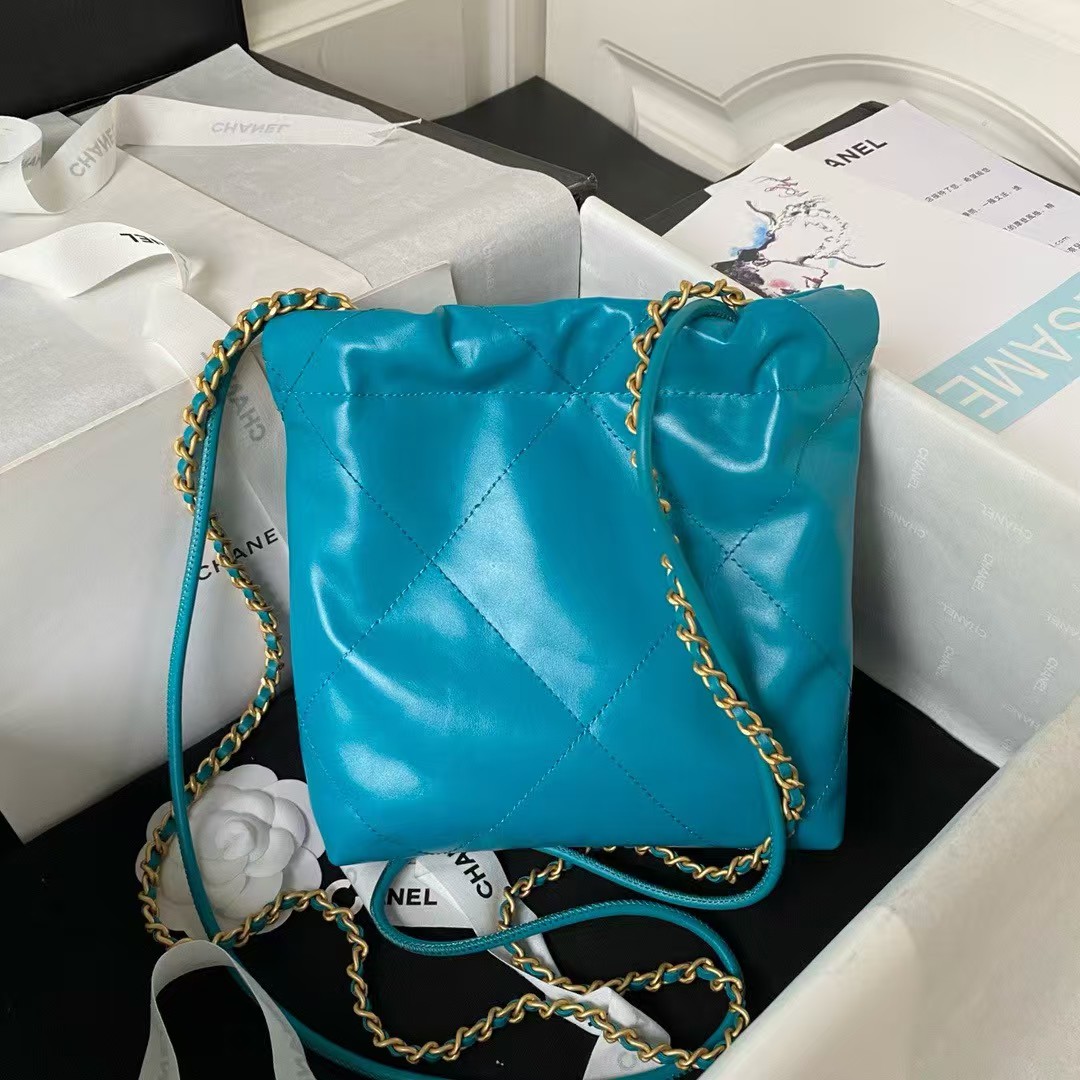 Replicate Chanel 22 AS3980 Mini Tote Shiny Calfskin   Gold-Tone Metal Lake Blue(1:1 replica)
