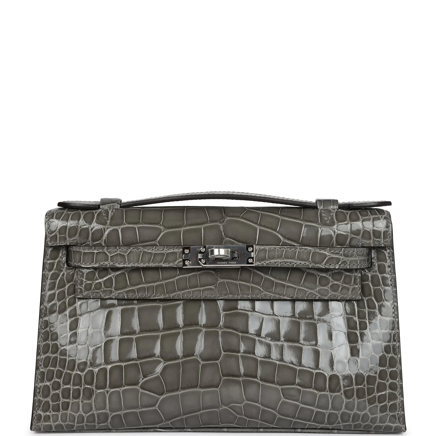 Replicate Hermes Kelly Pochette Gris Ciment Shiny Alligator Palladium Hardware(1:1 replica)