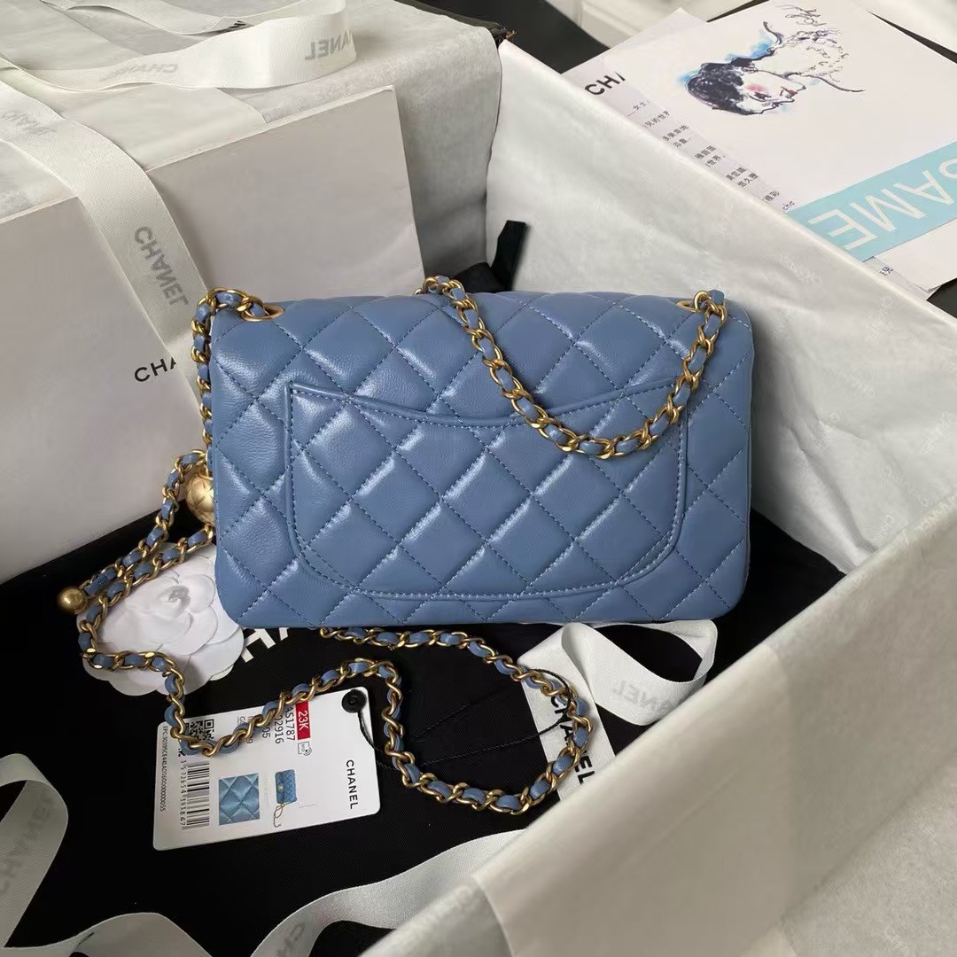 Replicate Chanel 23K AS1787 Mini Pearl Embossed Rectangular Flap Bag Lambskin Brushed Metal Hardware Blue(1:1 replica)