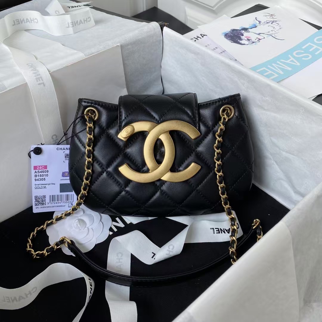 Replicate Chanel 24C Vintage Logo Small Quilted Lambskin Shoulder Bag AS4609 Black(1:1 replica)