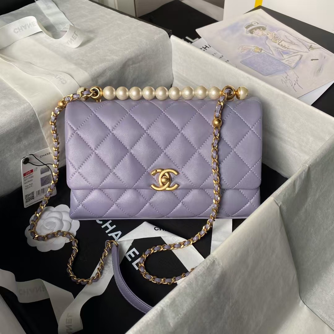 Replicate Chanel AS4997 Flap Bag With Top Handle Shiny Lambskin Imitation Pearls   Gold-Tone Metal Purple(1:1 replica)