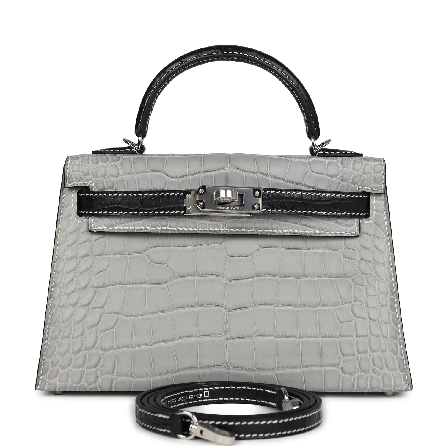 Replicate Hermes Special Order (HSS) Kelly Sellier 20 Gris Perle and Black Matte Alligator Palladium Hardware(1:1 replica)